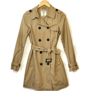 Pull & Bear Double Breasted Belt Tie Waist Mid Length Tan Trench Coat Size S